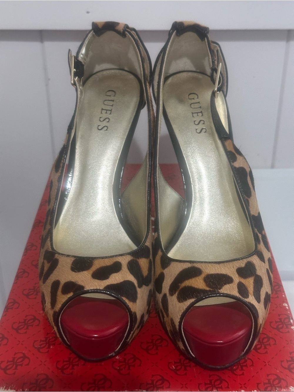 GUESS Leopard-Print Peep-Toe Slingback Heels with Red Platform